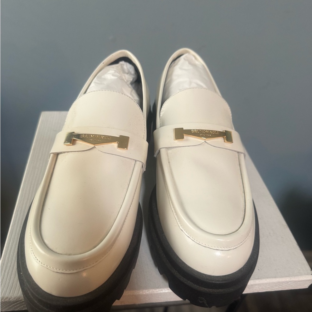 Bruno Magli White Leather Loafers with Gold Accent
